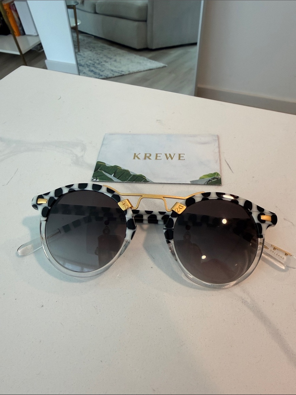 KREWE Black & White Tortoiseshell Round Sunglasses with Gold Bridge